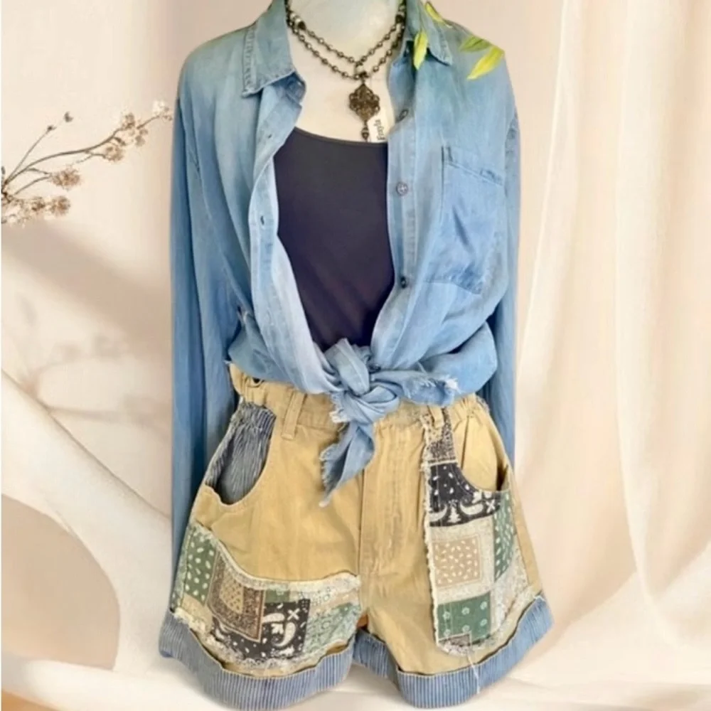 POL Mustard Patchwork Boho Cuff Hem Shorts - Picture 7 of 8